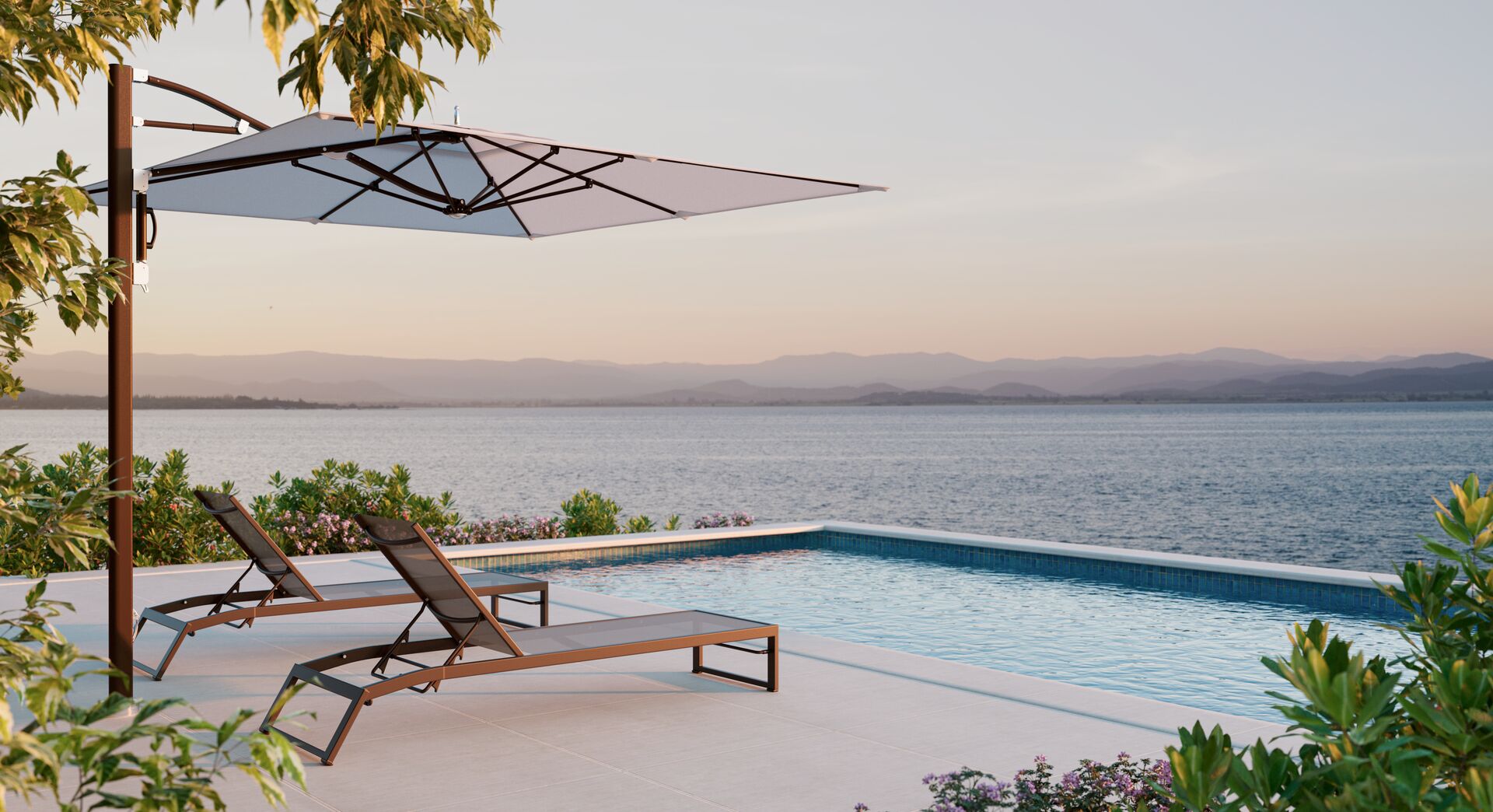 A Tuuci Bleau cantilever parasol shading a poolside terrace at dusk